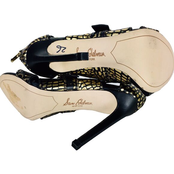 Sam Edelman Black & Gold Animal Print Strappy Caged Stiletto Heels Size 6M - Picture 11 of 12